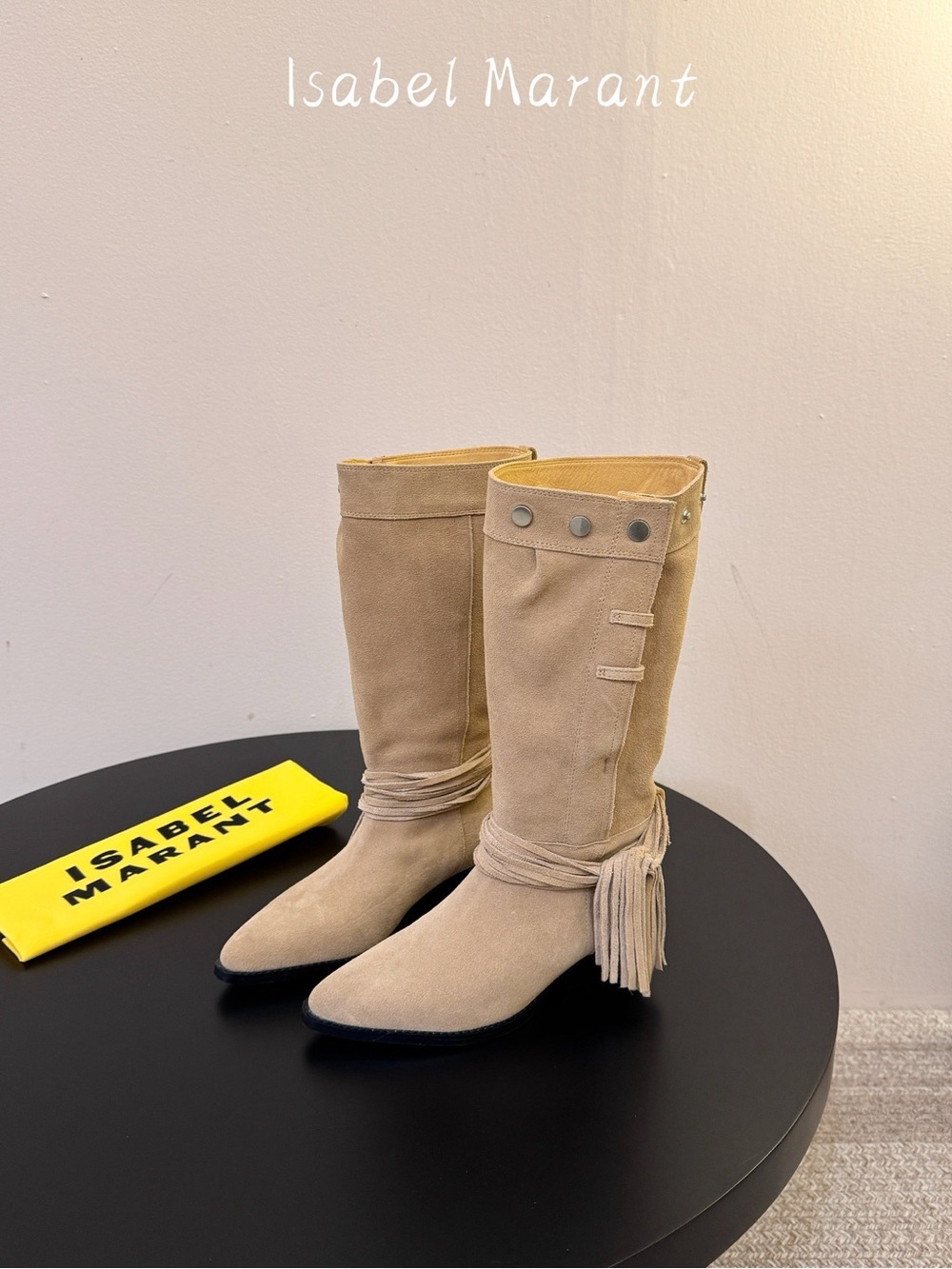 Isabel Marant Beige Suede Fringe Mid-Calf Boots